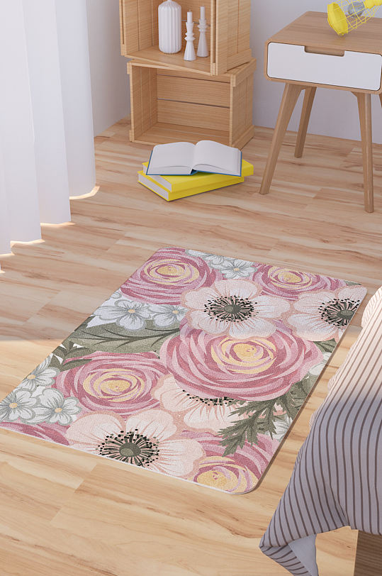 矢量手绘花卉玫瑰花脚垫地毯图案