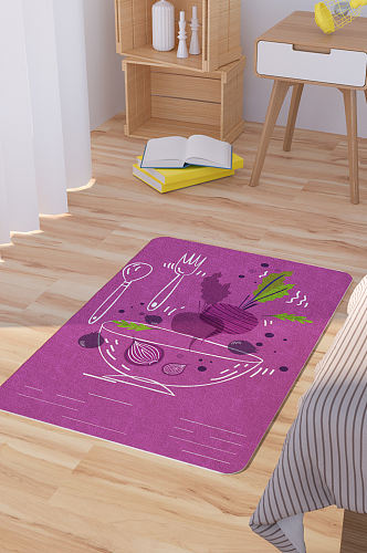 紫色矢量手绘蔬菜卡通可爱脚垫地毯图案