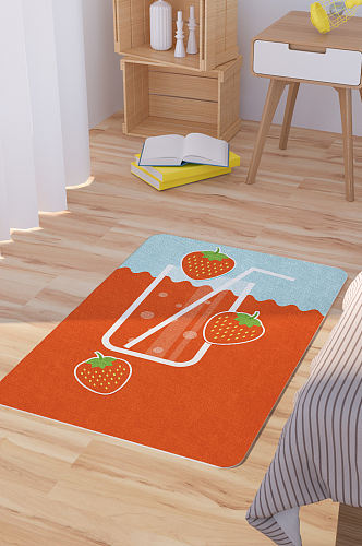 矢量手绘草莓汁卡通可爱脚垫地毯图案