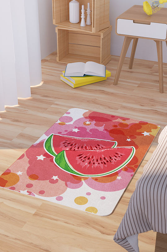 矢量手绘西瓜卡通可爱脚垫地毯图案-众图网