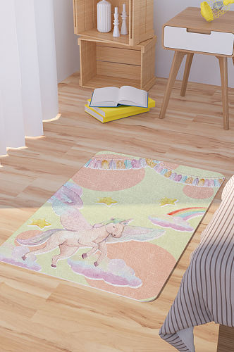 矢量水彩手绘独角兽卡通可爱脚垫地毯图案