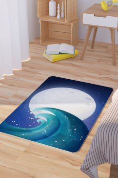 矢量手绘海浪圆月卡通可爱脚垫地毯图案