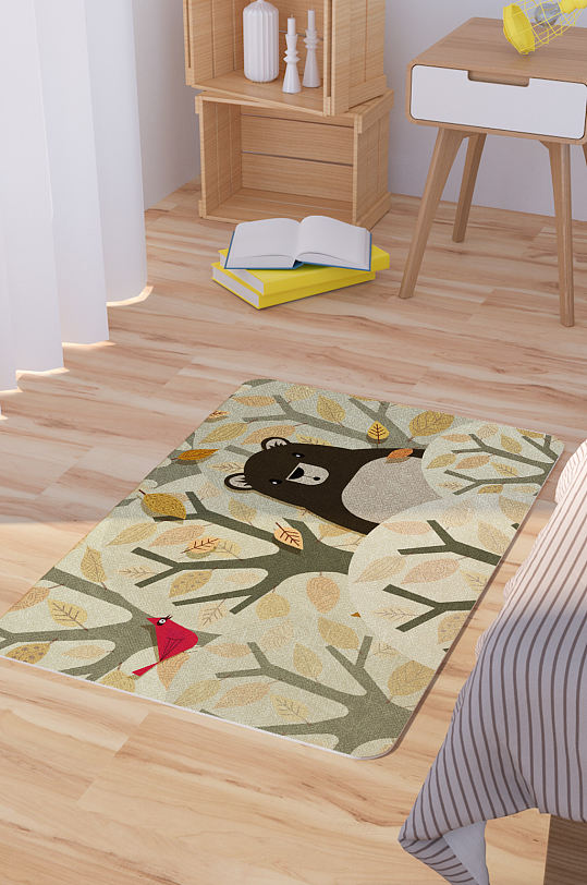 矢量手绘树林终的熊卡通可爱脚垫地毯图案