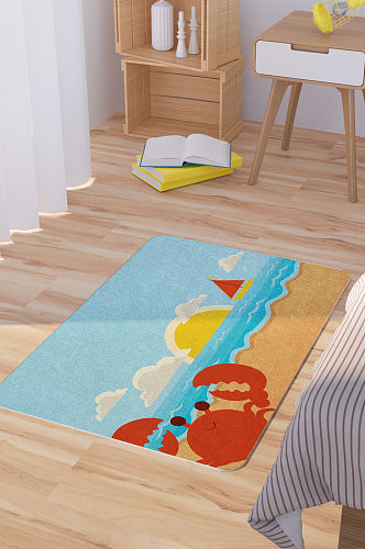 矢量手绘海边插画卡通可爱脚垫地毯图案