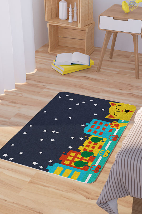 矢量城市夜晚手绘卡通可爱脚垫地毯图案-众图网