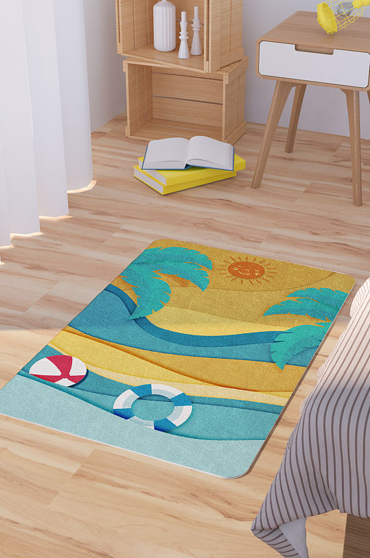 海滩插画矢量手绘卡通可爱脚垫地毯图案-众图网