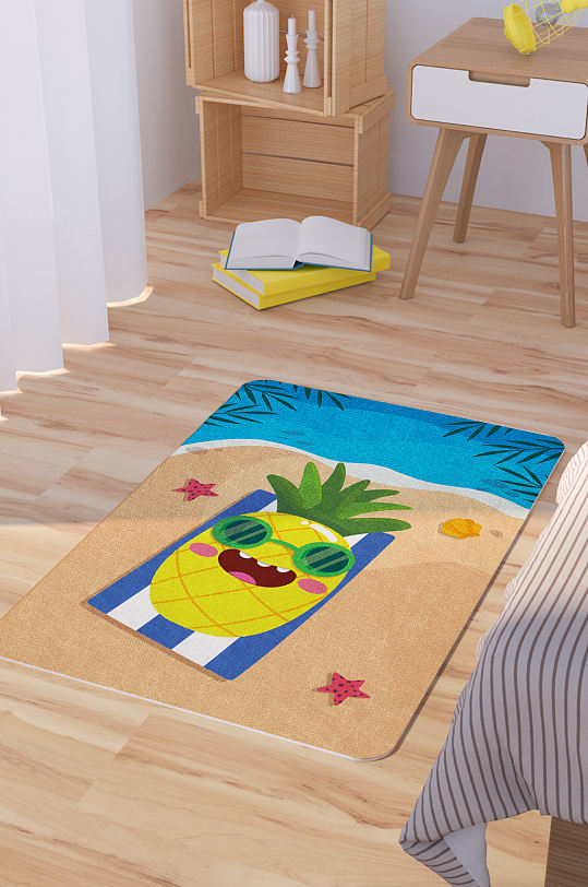 矢量手绘海滩度假卡通可爱脚垫地毯图案-众图网