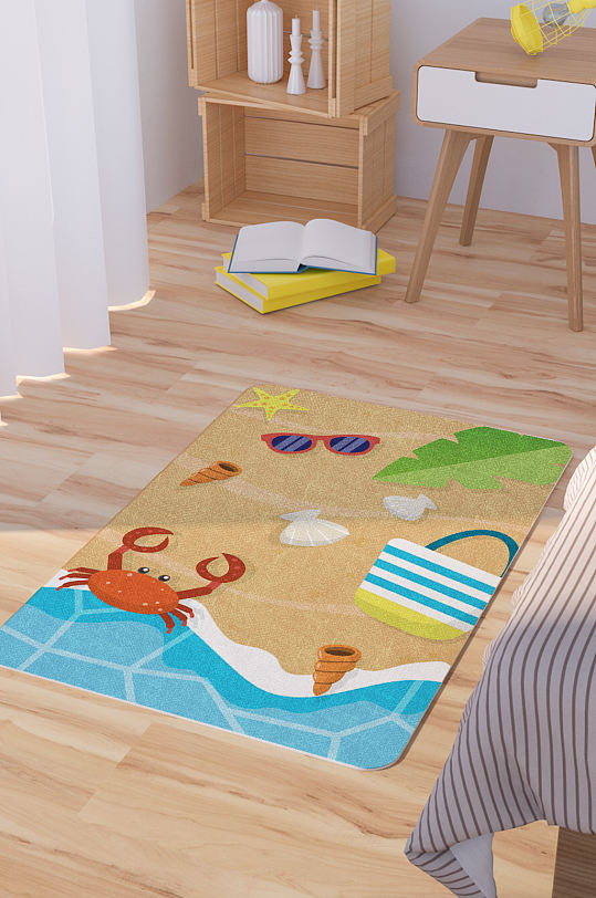 矢量手绘沙滩插画卡通可爱脚垫地毯图案-众图网