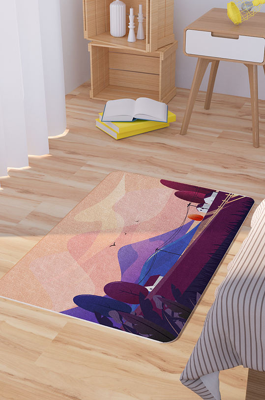 矢量手绘田园插画脚垫地毯图案-众图网