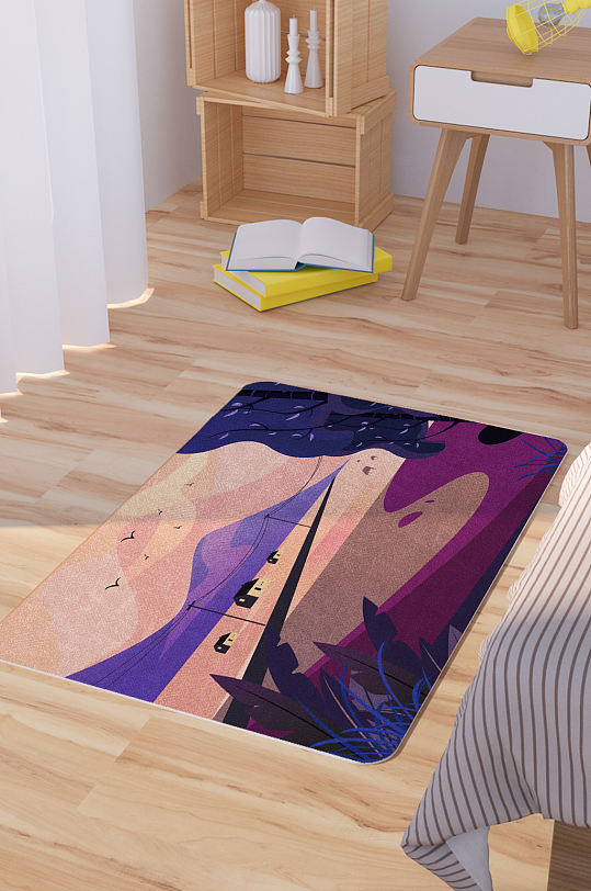 手绘田园插画矢量脚垫地毯图案