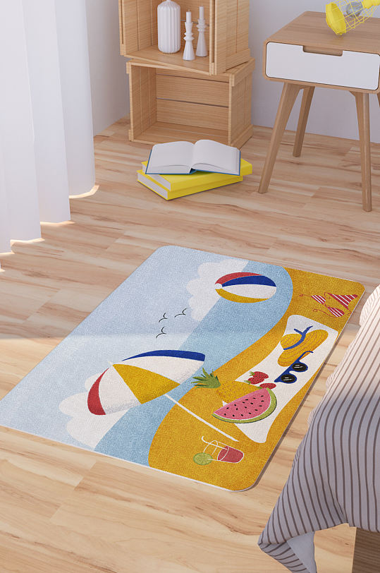 矢量手绘海滩度假插画卡通脚垫地毯图案-众图网