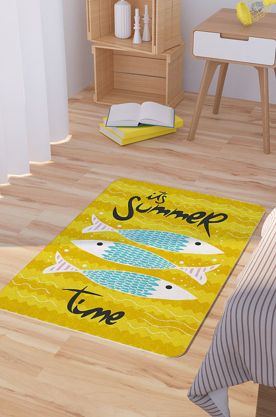 矢量手绘卡通鱼可爱脚垫地毯图案
