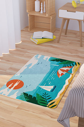 矢量手绘海滩风景卡通脚垫地毯图案