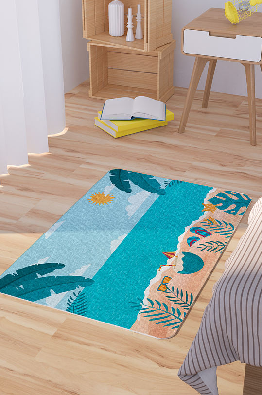 矢量手绘海滩插画卡通脚垫地毯图案-众图网