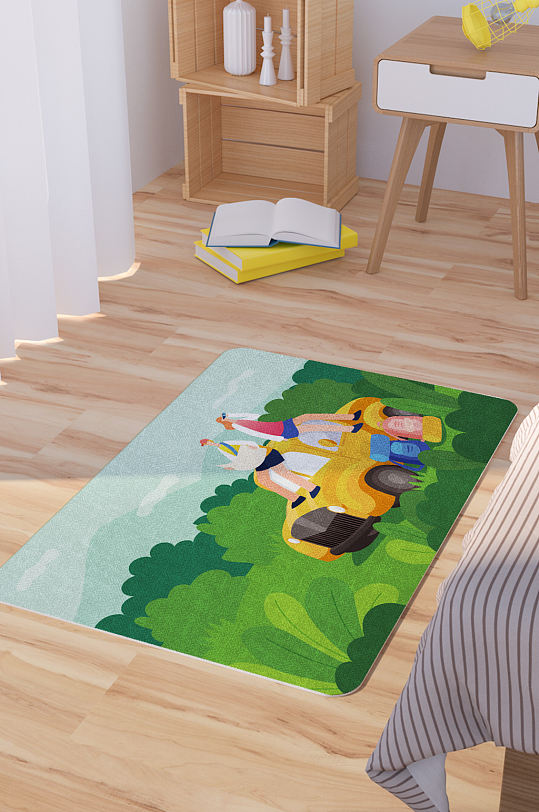矢量卡通手绘自驾游脚垫地毯图案