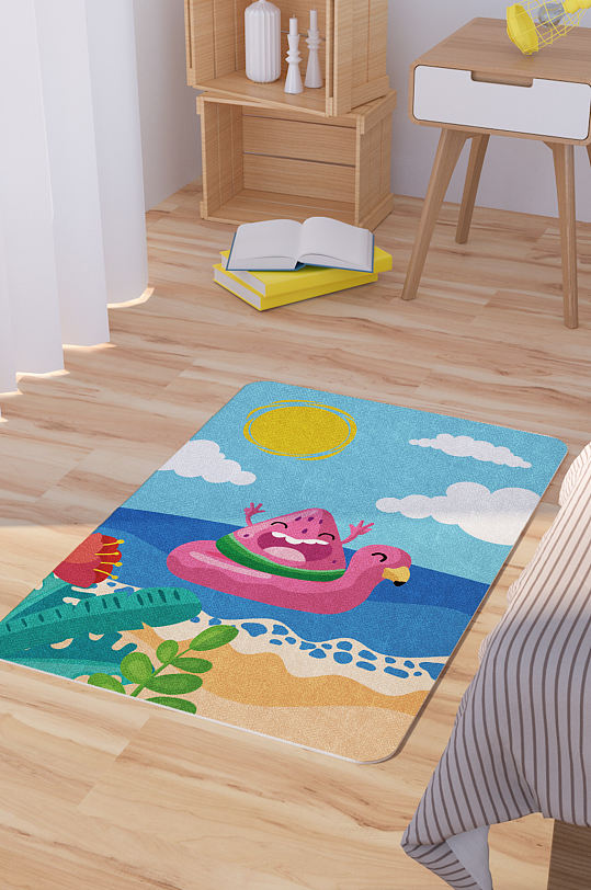 卡通可爱西瓜矢量手绘脚垫地毯图案