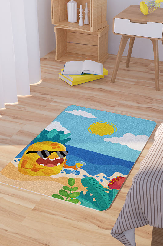 卡通拟人菠萝矢量手绘可爱脚垫地毯图案