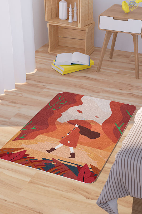 矢量手绘秋天插画卡通脚垫地毯图案-众图网