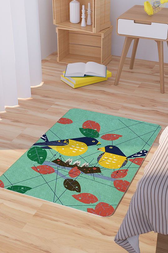 矢量手绘卡通可爱鸟筑巢脚垫地毯图案-众图网