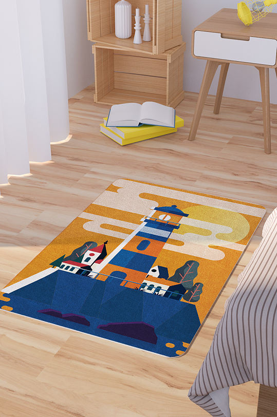 矢量手绘灯塔插画卡通脚垫地毯图案-众图网