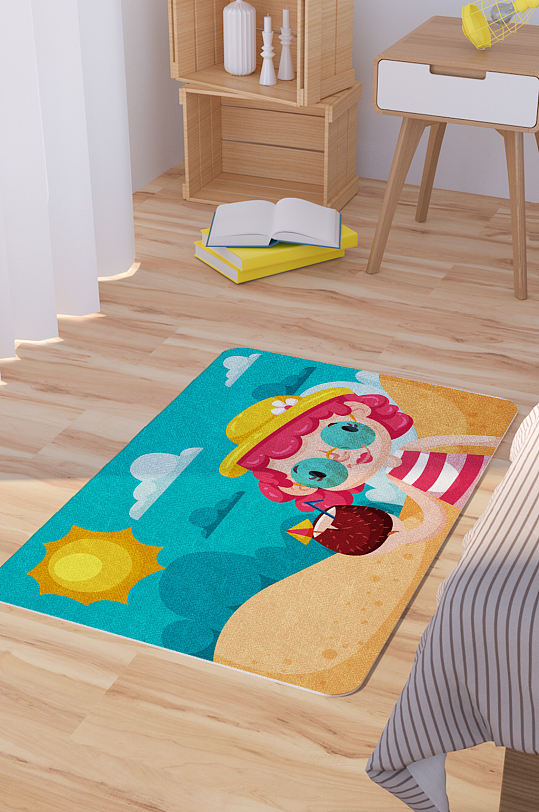 矢量手绘海滩度假卡通可爱脚垫地毯图案-众图网