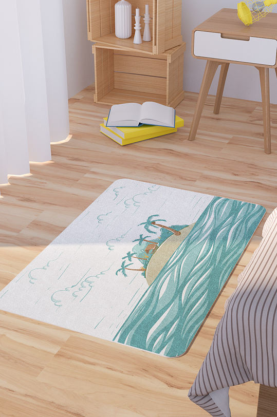 矢量手绘海岛风景插画脚垫地毯图案