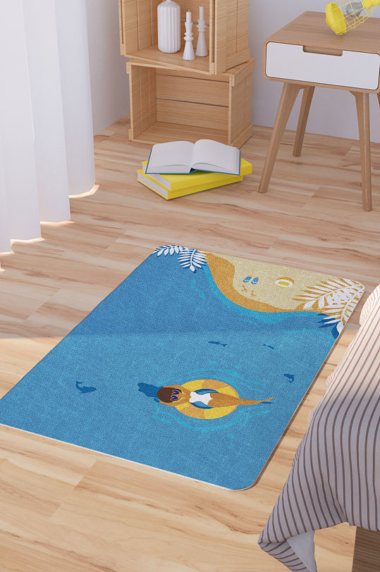 矢量手绘海边度假游泳卡通脚垫地毯图案-众图网