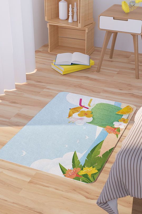 海边度假插画矢量手绘脚垫地毯图案-众图网