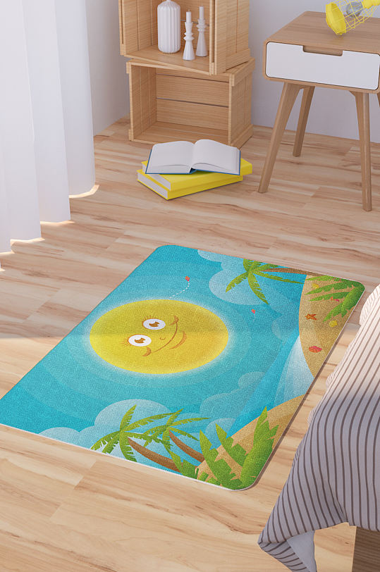 夏日海滩插画矢量手绘卡通脚垫地毯图案-众图网