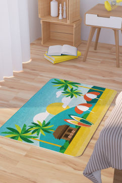 矢量手绘海边度假村插画脚垫地毯图案