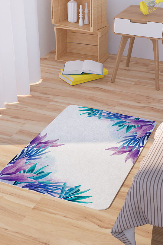 手绘水彩植物矢量脚垫地毯图案-众图网