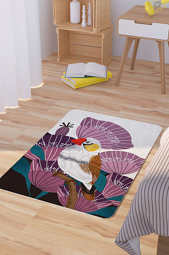 矢量手绘鲜花鹦鹉脚垫地毯图案