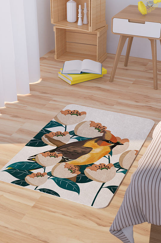 矢量手绘鲜花飞鸟脚垫地毯图案-众图网