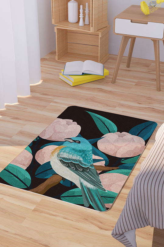 矢量手绘鲜花飞鸟插画脚垫地毯图案