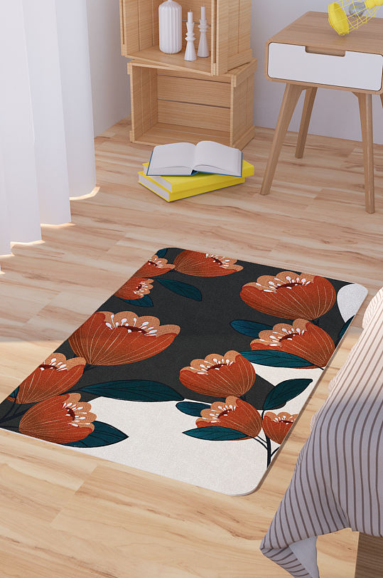 矢量手绘花卉装饰脚垫地毯图案