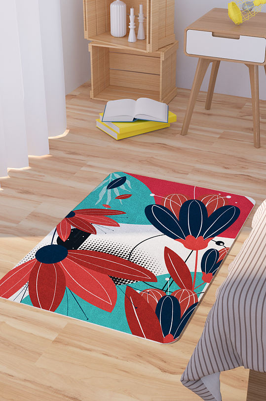 矢量手绘卡通抽象花卉脚垫地毯图案-众图网