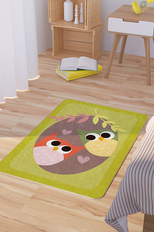 矢量手绘卡通可爱猫头鹰情侣脚垫地毯图案-众图网