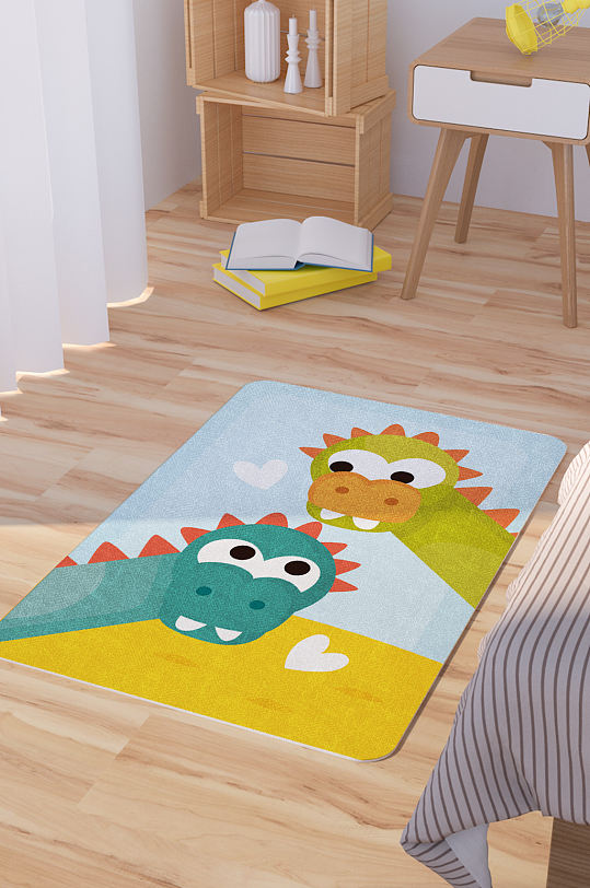 矢量手绘卡通恐龙情侣可爱脚垫地毯图案