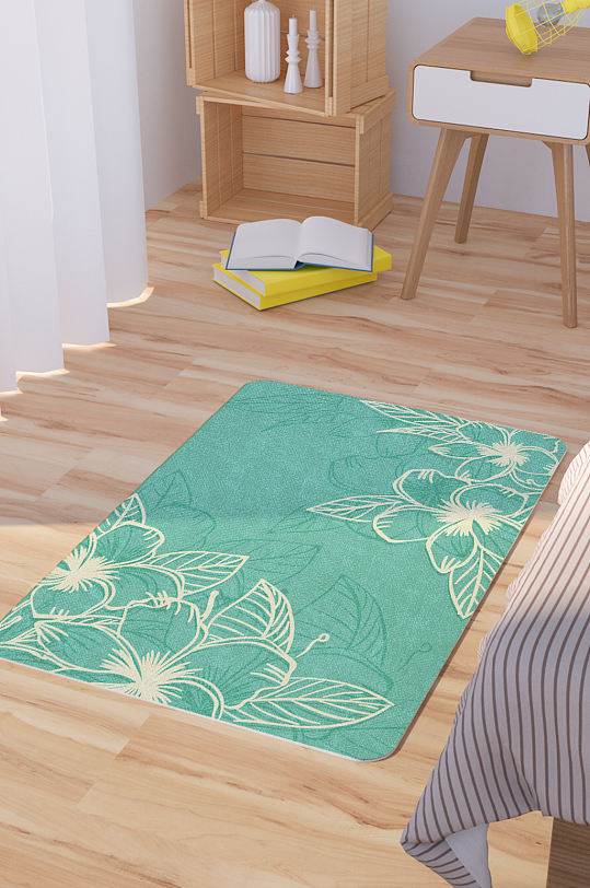 绿色矢量手绘鲜花脚垫地毯图案