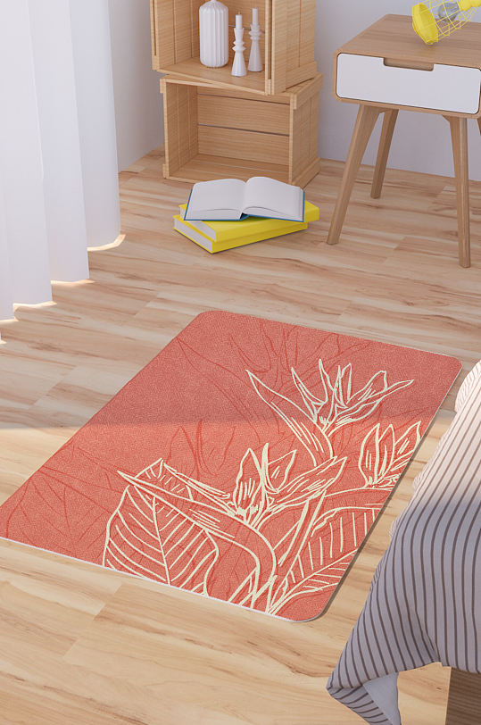 橙红色手绘鲜花矢量脚垫地毯图案