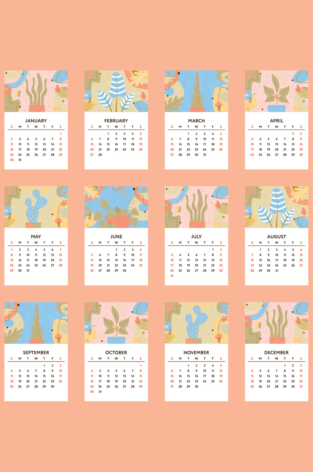矢量植物插画2022年虎年日历挂历设计素材