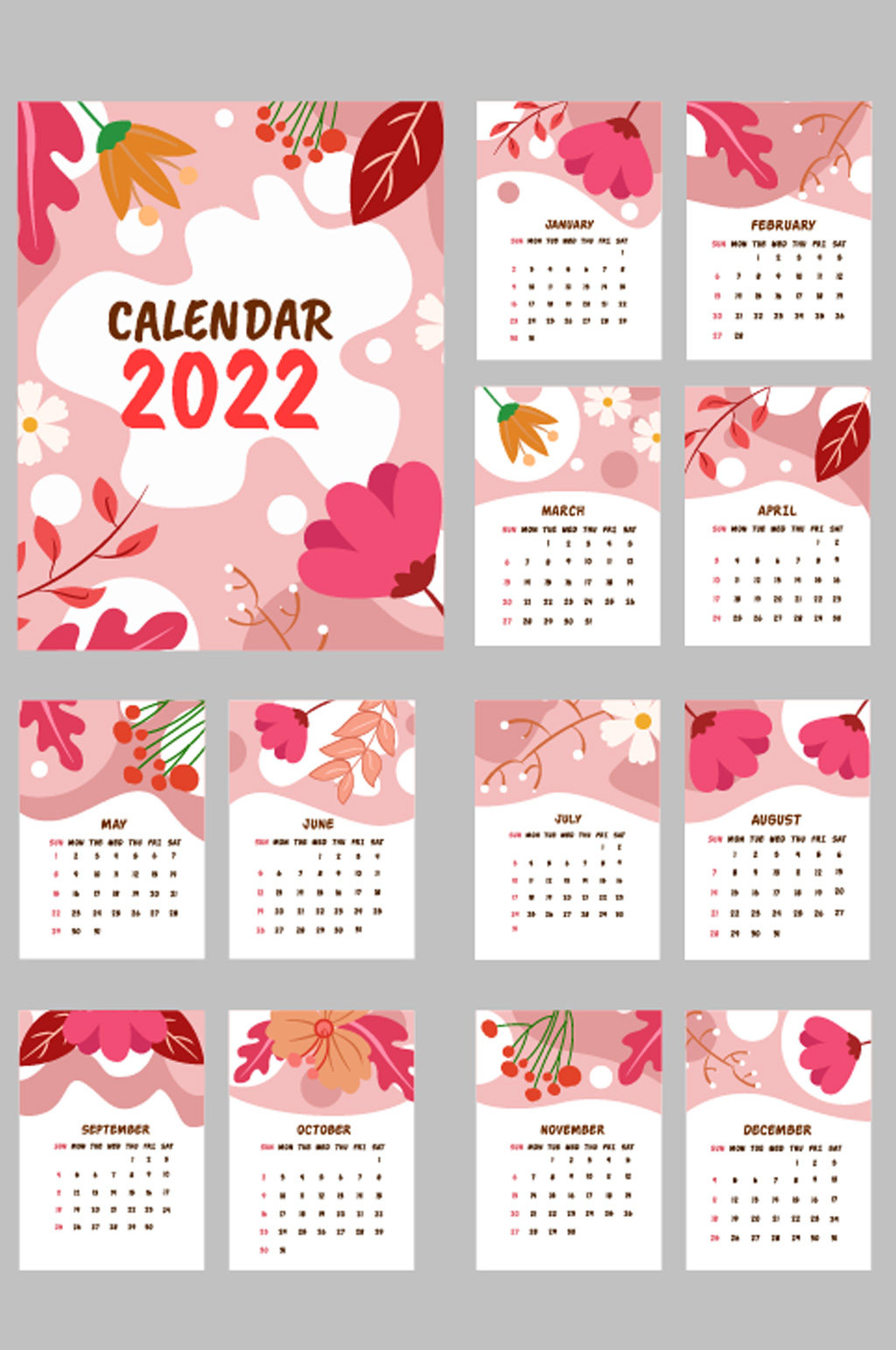 矢量粉色植物插画2022虎年日历挂历设计素材