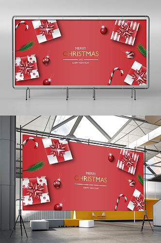 圣诞节红色礼盒矢量海报展板设计模板