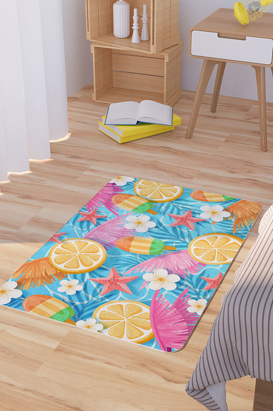 矢量手绘热带风情柠檬雪糕卡通地毯图案-众图网