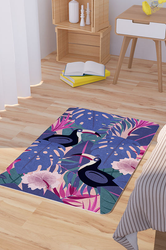 矢量手绘复古花卉巨嘴鸟地毯地垫-众图网