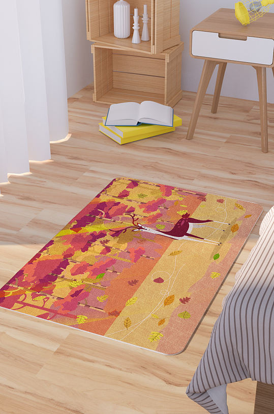 创意秋季风中的森林鹿矢量卡通地毯-众图网