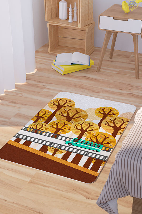 手绘秋季桥上行驶的汽车矢量卡通地毯-众图网