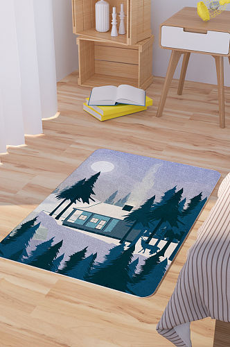 创意冬季郊外木屋风景矢量卡通地毯