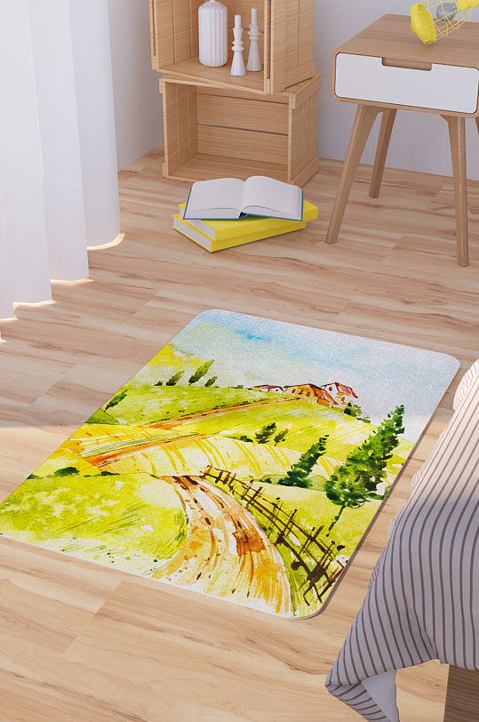 水彩绘农场房屋和田地风景矢量地毯-众图网