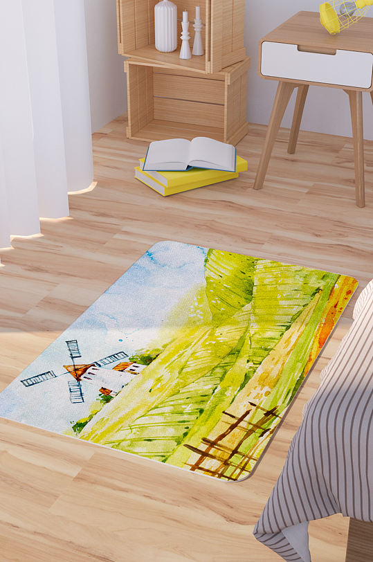 水彩手绘农田磨房风景矢量地毯地垫-众图网